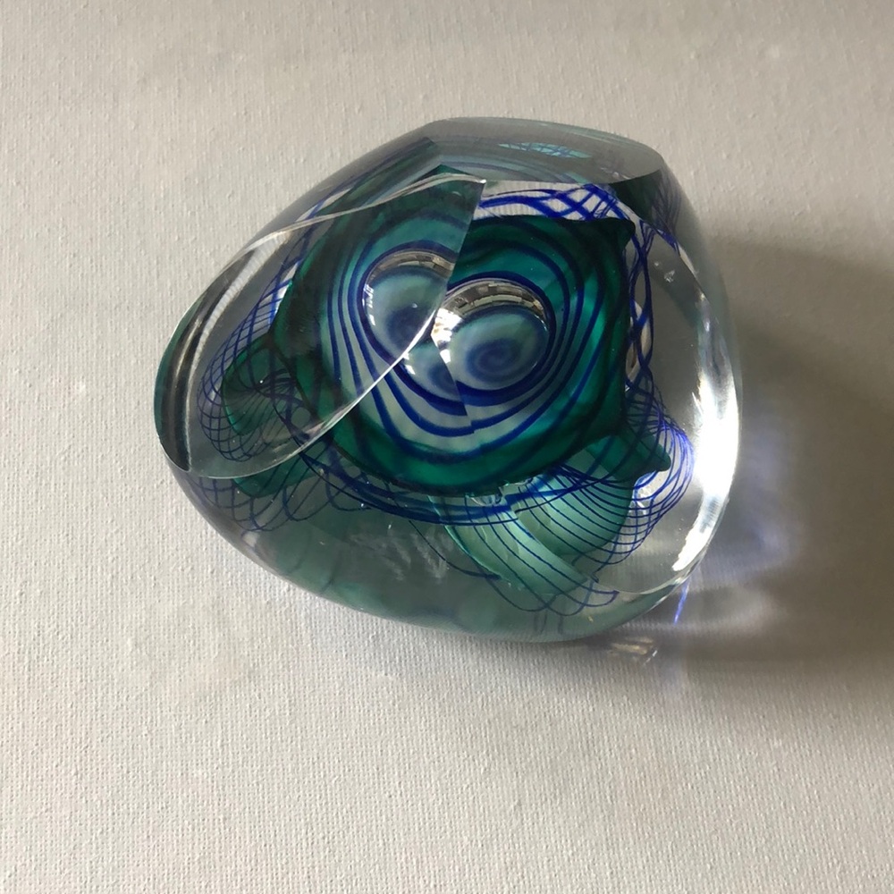 Vintage Paperweight by David Berger signed Blue and Green Glass Art Sculpture